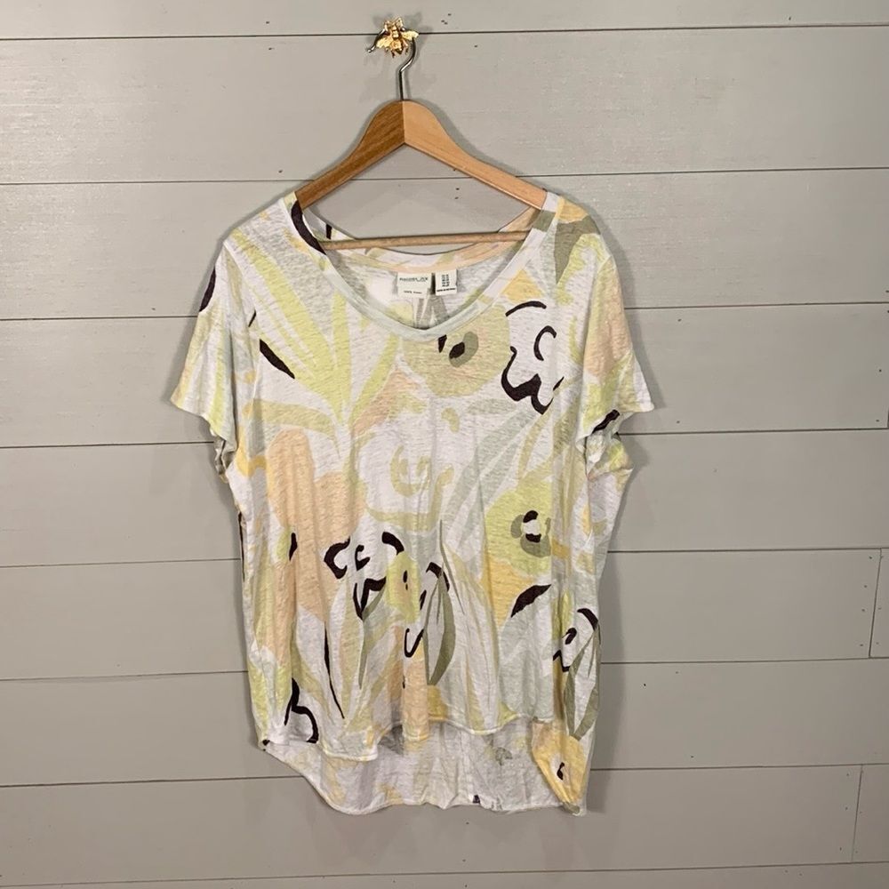 Rachel Zoe 100% linen floral short sleeve tee shirt size 1X spring summer